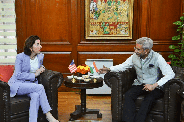 Foreign minister S. Jaishankar with US Secretary of Commerce Gina Raimondo in New Delhi on Thursday | Twitter | @DrSJaishankar