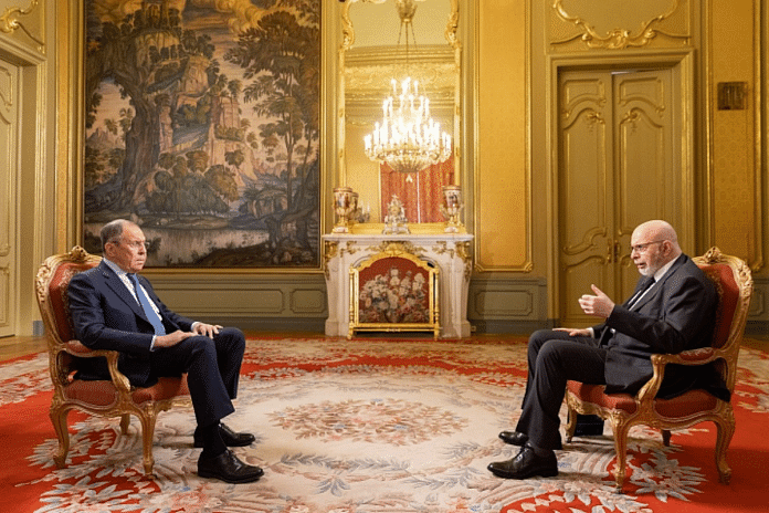 Russian Foreign Minister Sergey Lavrov during an interview with Channel One’s The Great Game political talk show | Twitter | @mfa_russia