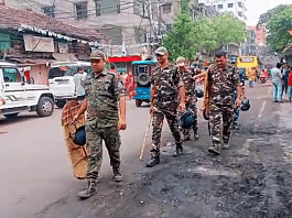 Paramilitary personnel patrol areas where arson occurred during ruckus while Rama Navami procession was underway in Howrah on Friday | ANI