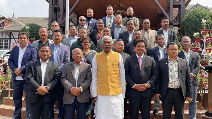 After submitting resignation as Chief Minister to Governor Phagu Chauhan, Conrad Sangma with his party MLAs at Raj Bhawan, Shillong | By special arrangement