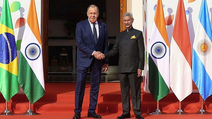 External Affairs Minister S Jaishankar meets Russian Foreign Minister Sergey Lavrov, who arrived to attend the G20 Foreign Ministers' Meeting, in New Delhi on Thursday | ANI
