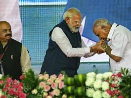 From left to right: Basavaraj Bommai, Narendra Modi and BS Yediyurappa at Karnataka public meeting | PTI