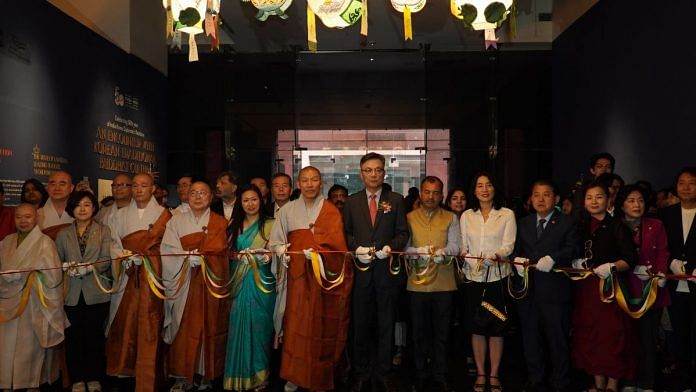 Korean Ambassador to India Chang Jae-bok (centre) along with monks and nuns of Jogye order and other officials at the opening ceremony of the exhibition at the National Museum of Modern Art in Delhi on 22 March 2023 | Photo by special arrangement