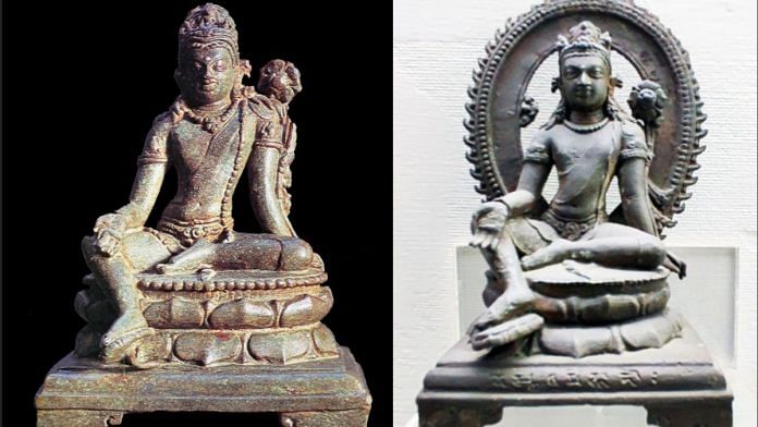 A North Indian-style Buddha sculpture (left) found in the Sri Lankan city of Tiriyaya. On the right is a sculpture of Buddha found in Nalanda, Bihar. | Osmund Bopearachchi