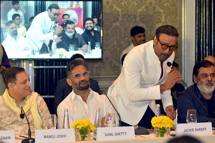 File photo of Bollywood actors Suniel Shetty and Jackie Shroff and film producer Rahul Mittra at a January meeting with Uttar Pradesh Chief Minister Yogi Adityanath to explore UP as a filmmaking destination, in Mumbai | ANI