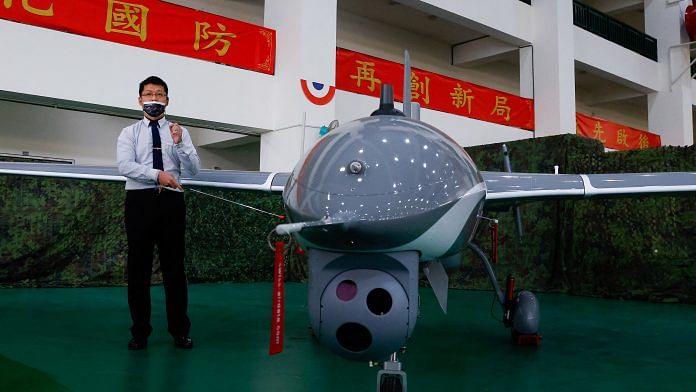 An Albatross II UAV on display as Taiwan's Defence Ministry showcases its domestically developed drones to the media, in Taichung, Taiwan on 14 March 2023