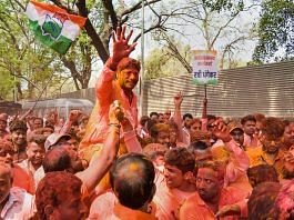 Congress candidate Ravindra Dhangekar celebrates his victory in the Kasba Peth assembly bypoll, in Pune Thursday | Credit: PTI