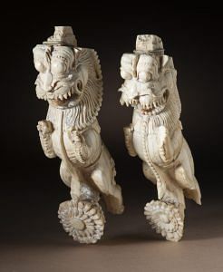Pair of Architectural Brackets in the Form of Rampant Leonine Creatures (Yali or Vyala) (From a Processional Mandapa), Madurai, Tamil Nadu, India, c. 17th century, Ivory with traces of paint. Image courtesy of Los Angeles County Museum of Art.