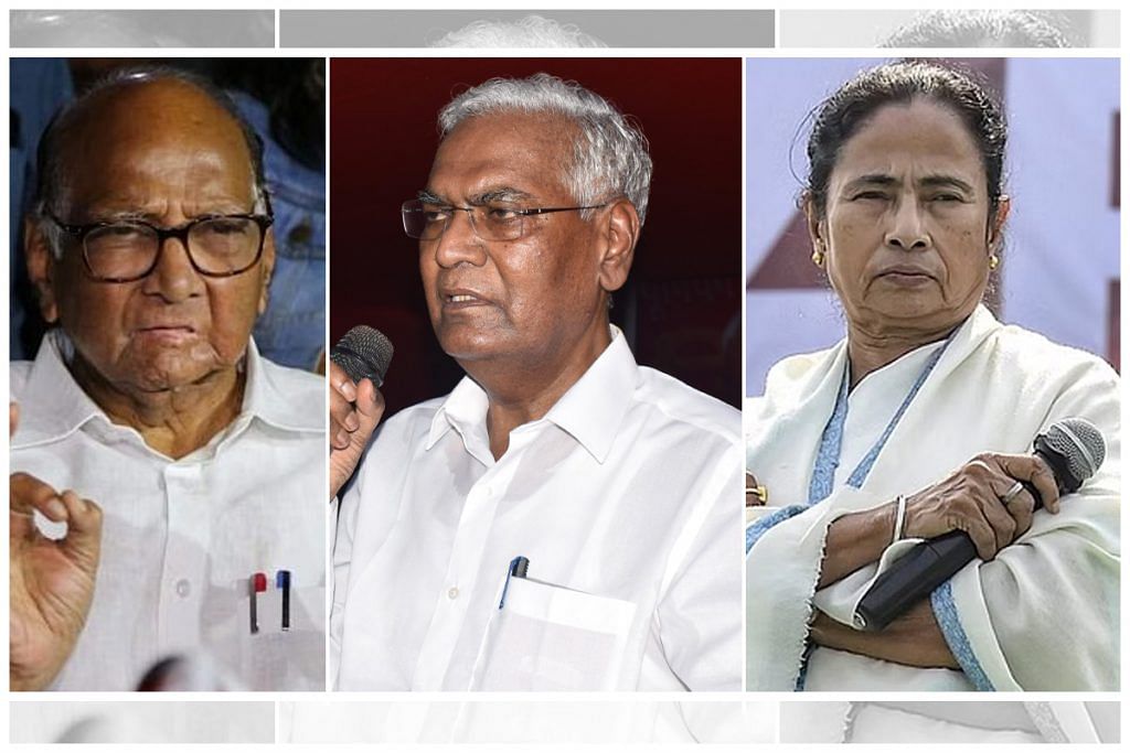 NCP chief Sharad Pawar, CPI's D.Raja and TMC's Mamata Banerjee | Photos: ThePrint, Wikipedia and PTI