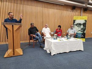 Navayana founder S Anand (speaking) addresses Ratan Lal, Jairam Ramesh, 