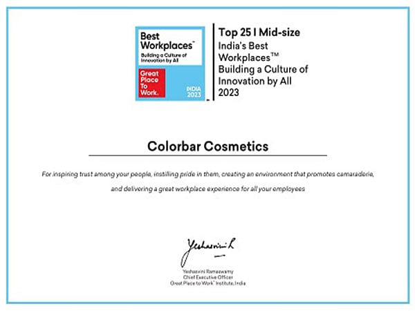 Colorbar Cosmetics amongst 'India's Best Workplaces Building a Culture of Innovation by All 2023'