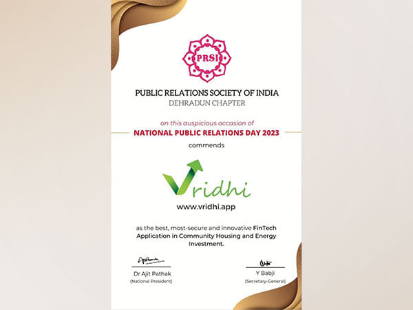 Vridhi awarded as the best and most innovative Fintech app for Energy Investments and Community Housing on National PR Day 2023