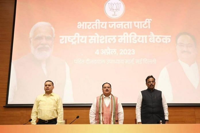 BJP national president J. P. Nadda (centre) along with IT cell chief Amit Malviya and BJP national general secretary Vinod Tawde at the party's social media workshop in New Delhi on Wednesday | Twitter | @JPNadda