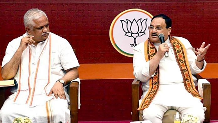 File photo of BJP national president J.P. Nadda and the party's general secretary (organisation) B.L. Santhosh, in New Delhi | ANI