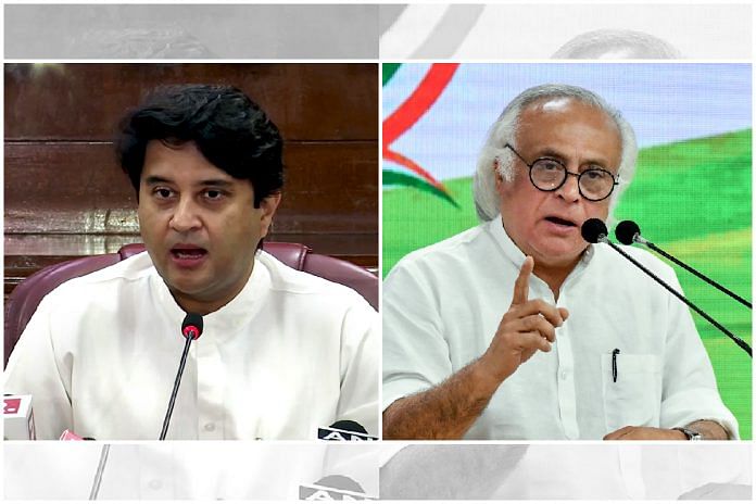 File photos of Union minister and BJP leader Jyotiraditya Scindia and Congress leader Jairam Ramesh | ANI