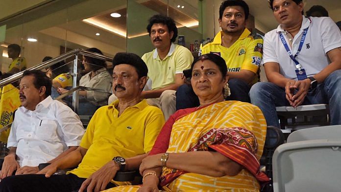 Tamil Nadu CM M.K. Stalin with wife Durga and son Udhayanidhi, a minister in the state, at an IPL match in Chennai on 21 April | ANI