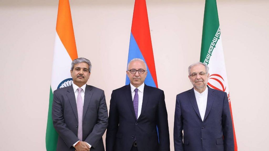 J.P. Singh, the Joint Secretary of the Ministry of External Affairs (Left), Mnatsakan Safaryan, the Deputy Foreign Minister of Armenia (middle) and Seyed Rasoul Mousavi, the Assistant of the Foreign Minister of Iran at the trilateral meeting held at Yerevan | By Special Arrangement.