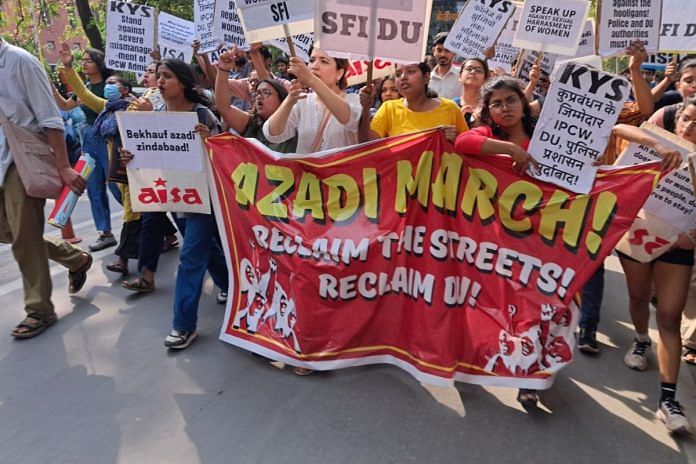 Azadi March organised by student bodies to protest the alleged harassment at Indraprastha College for Women | Photo: Twitter, @AISA_tweets