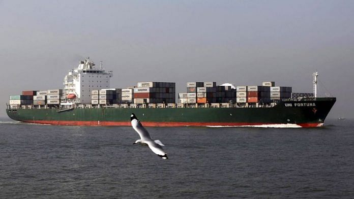 A seagull flies past a cargo container ship off the coast of Mumbai | File Photo: Reuters