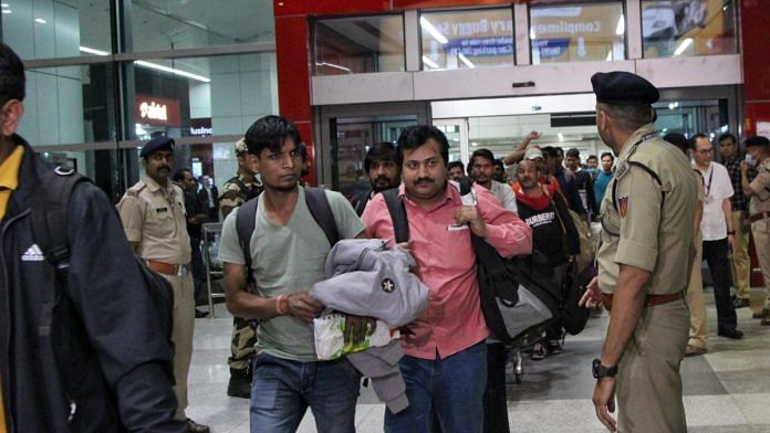 Indians working in war-torn Sudan return to their homeland under 'Operation Kaveri', at IGI Airport in New Delhi, on 26 April 2023 | Manisha Mondal | ThePrint