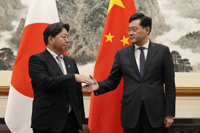 Japan's foreign minister Yoshimasa Hayashi meets Chinese Foreign Minister Qin Gang in Beijing, on 2 April 2023 | Mandatory credit Kyodo/via Reuters