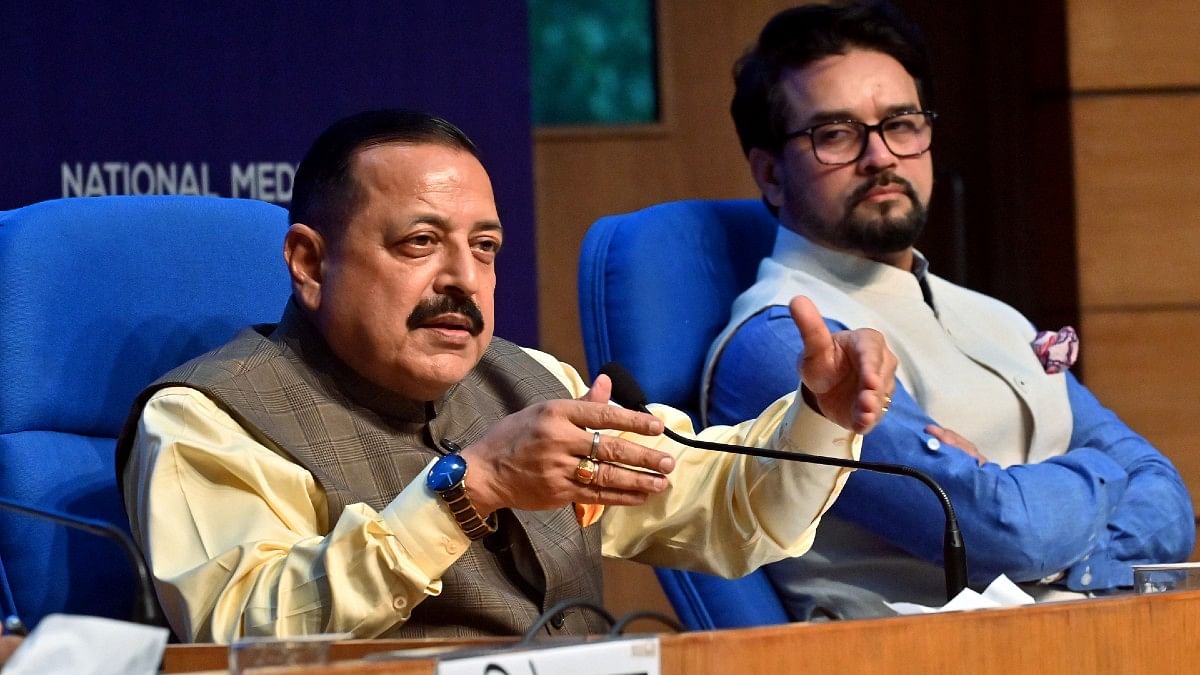 Union Minister of State for Science and Technology and Earth Sciences Jitendra Singh and Union Minister for Information and Broadcasting Anurag Thakur address the media after a cabinet meeting in New Delhi Wednesday | ANI