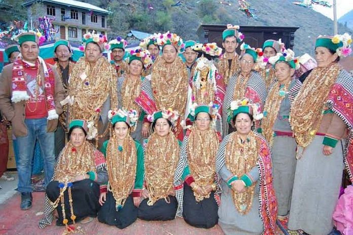 A wedding party in traditional Kinnaur attire