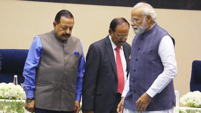 (L-R) Union minister Jitendra Singh, NSA Ajit Doval & PM Narendra Modi at Vigyan Bhawan | Praveen Jain | ThePrint