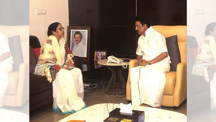 File photo of West Bengal Chief Minister Mamata Banerjee and Tamil Nadu CM MK Stalin in Chennai, 2022 | Photo: ANI
