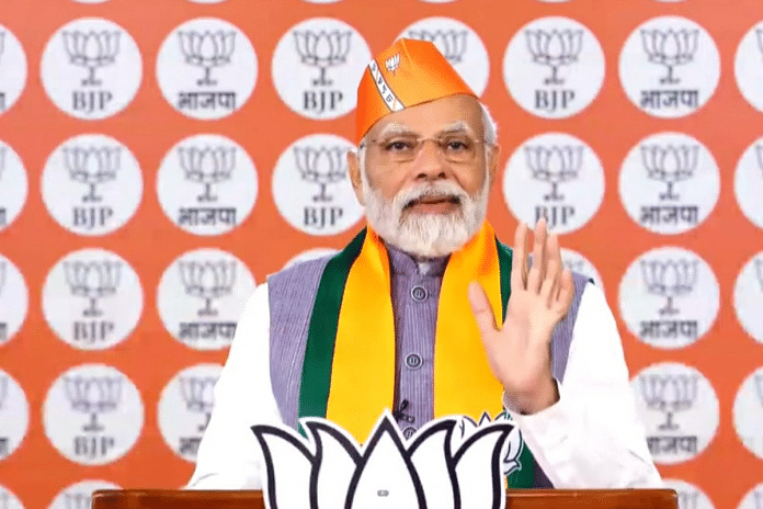 Prime Minister Narendra Modi addresses BJP workers virtually on the party’s 43 Foundation Day on Thursday | Twitter | @BJP4India