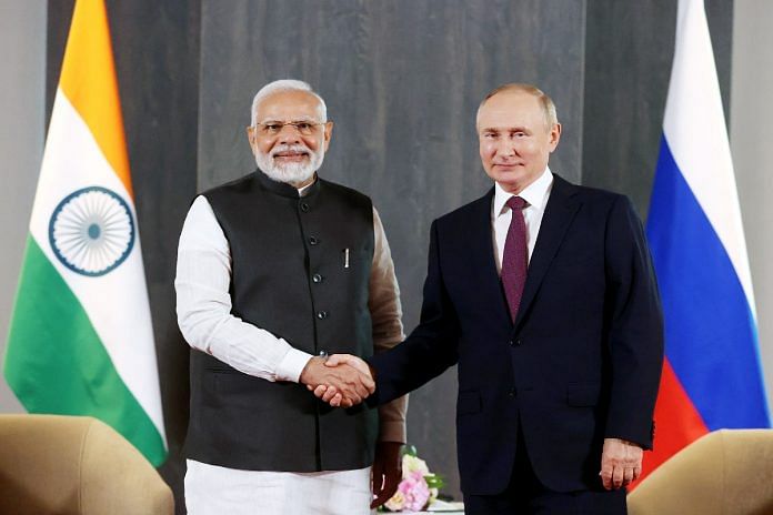 File photo of Prime Minister Narendra Modi and Russian President Vladimir Putin meeting on the sidelines of SCO in Samarkand in September last year | ANI