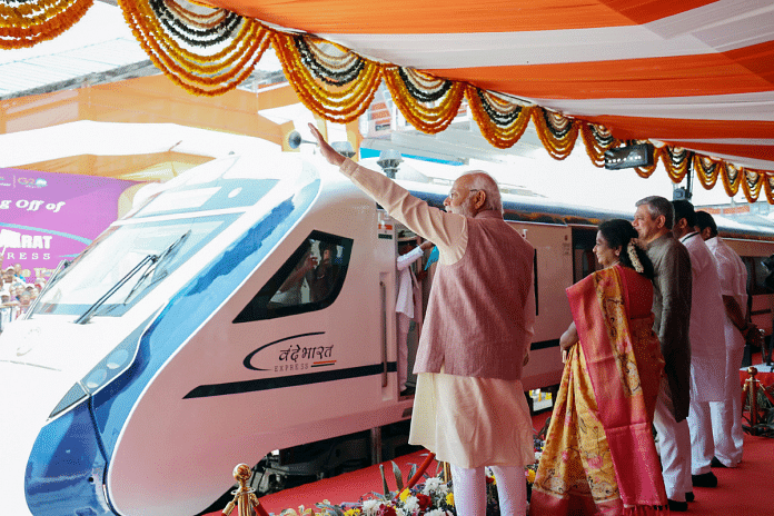 Prime Minister Narendra Modi flags off the Vande Bharat Express connecting Secunderabad and Tirupati Saturday | ANI