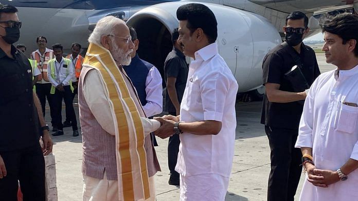 PM Narendra Modi with Tamil Nadu CM M.K. Stalin after landing in Chennai Saturday | Photo: ANI
