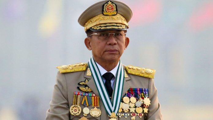 Myanmar's junta chief Senior General Min Aung Hlaing, who ousted the elected government in a coup, presides at an army parade on Armed Forces Day in Naypyitaw | Reuters file photo