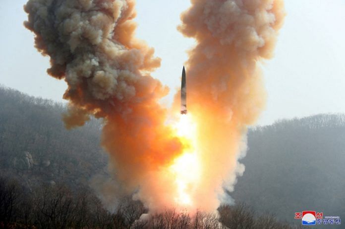 A view shows a missile fired by the North Korean military at an undisclosed location | North Korea's Central News Agency (KCNA) via Reuters