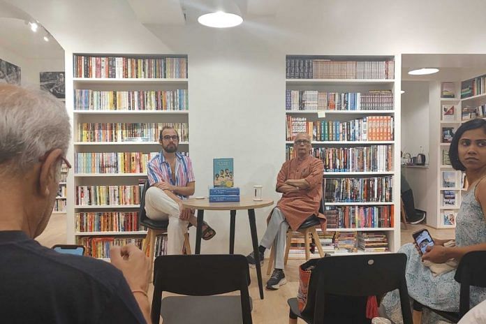 Nicholas Brookes (left) with sports journalist Vijay Lokapally (right) minutes before the book discussion on 'An Island’s Eleven' in Delhi | Photo: Nidhima Taneja, ThePrint