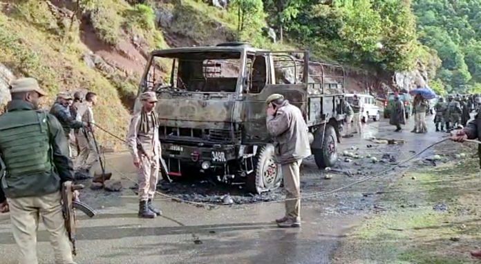 An Army truck caught fire due to the likely use of grenades by unidentified terrorists who fired on the truck in Poonch, on 30 April 2023 | ANI photo