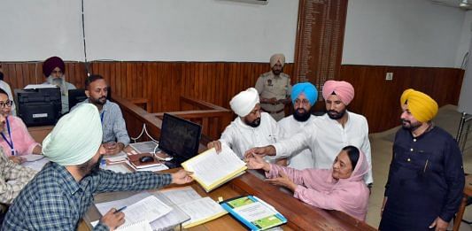 Congress candidate Karamjit Kaur filing her nomination papers in the presence of Charanjit Singh Channi, Partap Singh Bajwa, Amarinder Singh Raja Warring & Navjot Singh Sidhu Thursday | ANI