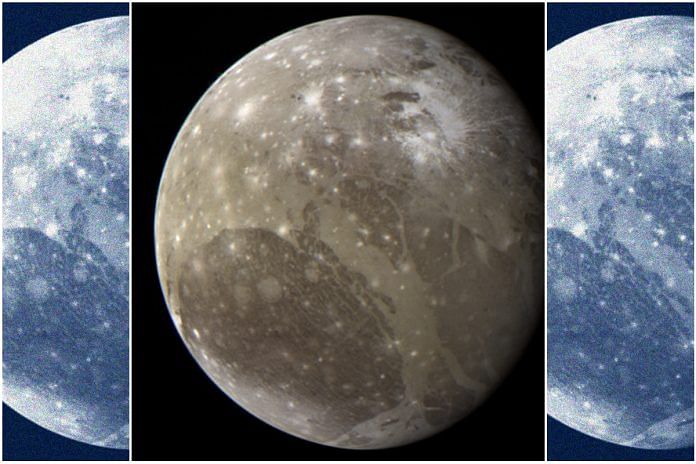 An image of Jupiter's moon Ganymede assembled using infrared, green, and violet filtered images | Commons/ NASA/JPL-Caltech