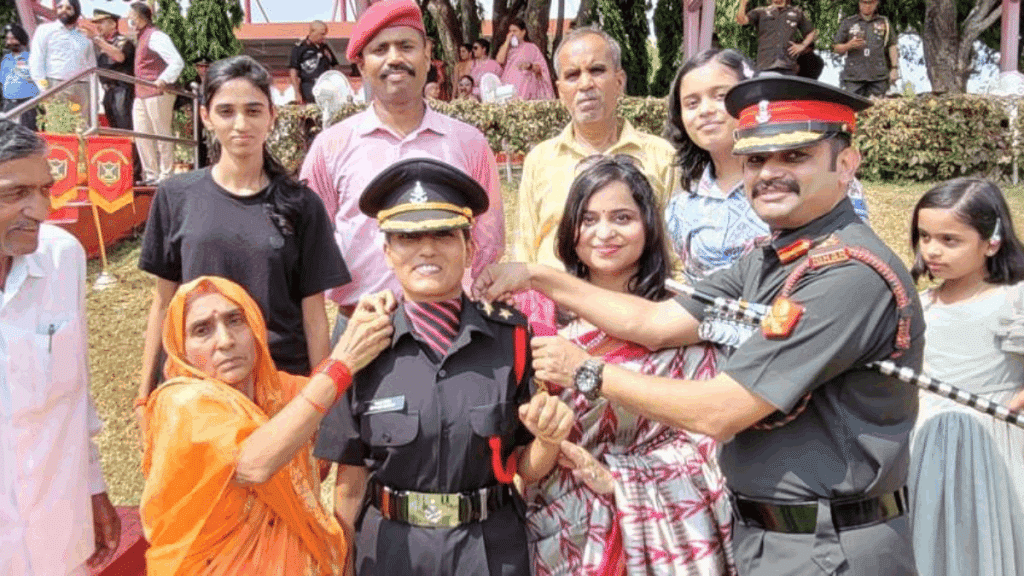 Woman Cadet Rekha Singh, wife of Late Naik (Nursing Assistant) Deepak Singh, gets commissioned into the army after completing her training in Chennai Saturday. Twitter: @adgpi