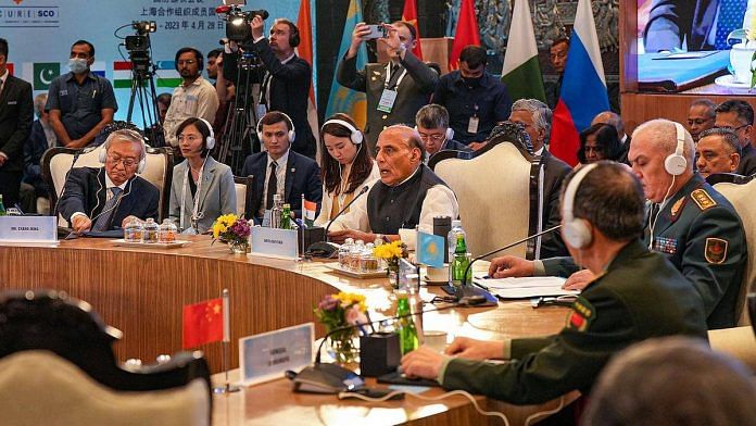 Defence minister Rajnath Singh addresses the Shanghai Cooperation Organisation Defence Ministers’ meeting in New Delhi Friday | Photo: PTI