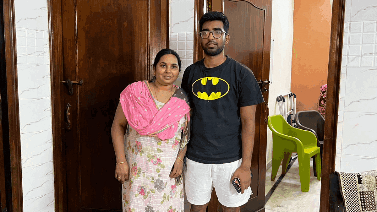 Abhishek Sanag with his mom, at their Zamrudpur home | Soniya Agrawal | ThePrint