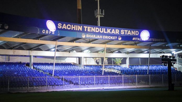 Sachin Tendulkar stand at the Sharjah Cricket Stadium in the United Arab Emirates | Twitter/@sharjahstadium