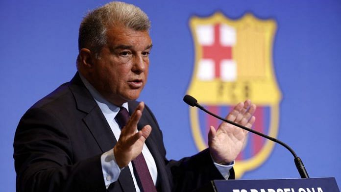 FC Barcelona president Joan Laporta during the press conference on 17 April, 2023 | Reuters