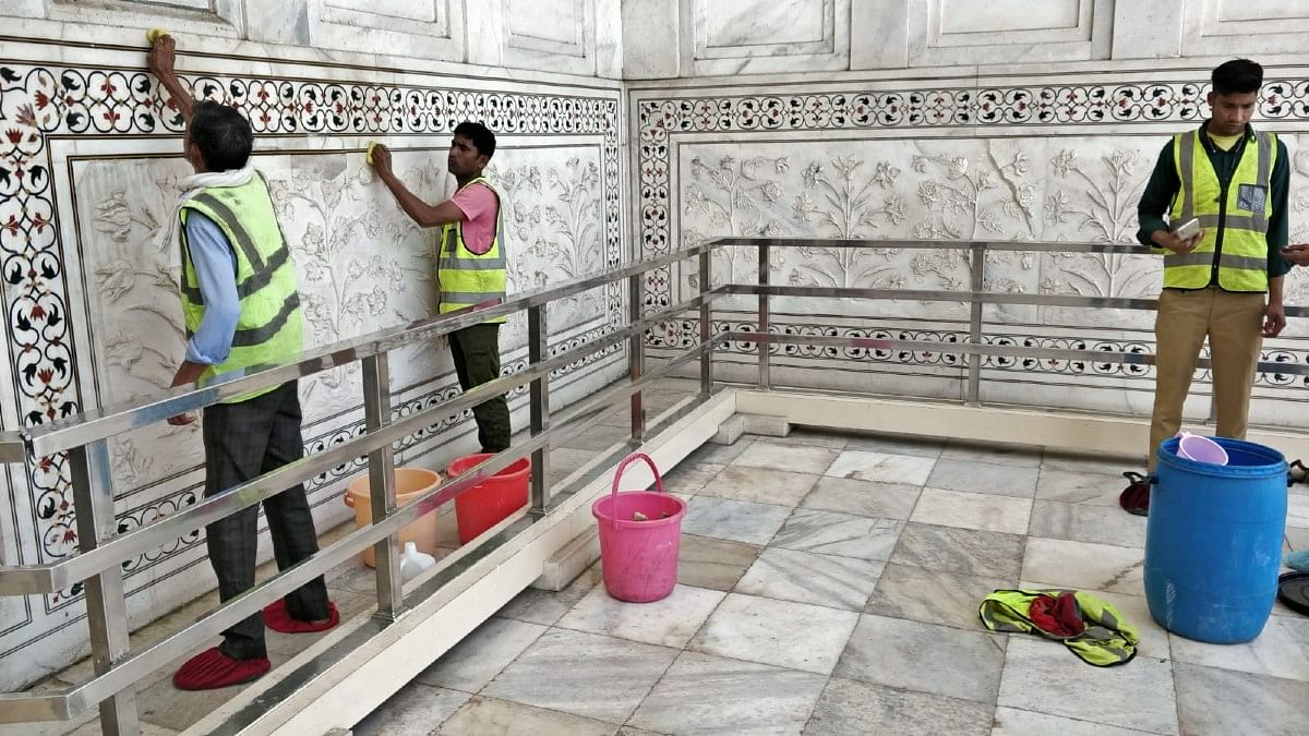 ASI workers cleaning Taj Mahal Saturday | Amir Qureshi | ThePrint