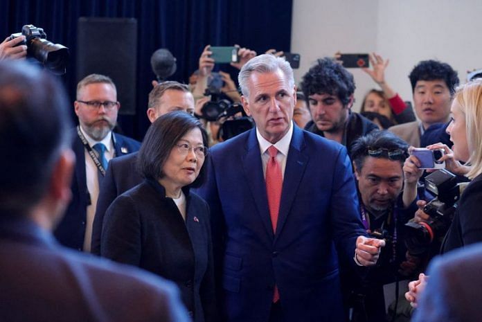 Taiwan's President Tsai Ing-wen meets the U.S. Speaker of the House Kevin McCarthy at the Ronald Reagan Presidential Library in Simi Valley, California, on 5 April 2023 | Reuters