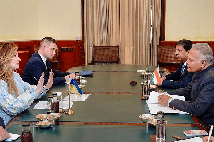 Ukraine's First Deputy Foreign Minister Emine Dzhaparova with MEA Secretary (West) Sanjay Verma during a meeting in New Delhi on Monday| PTI