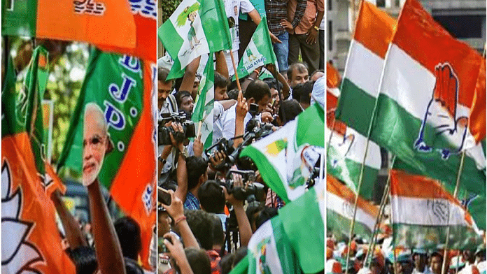Collage of BJP, JD(S) and Congress flags | Twitter & PTI