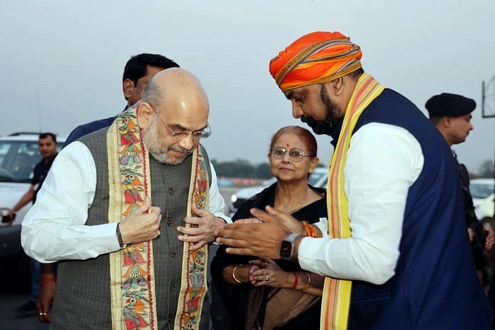 Union Home Minister Amit Shah being greeted by Bihar BJP chief Samrat Chaudhary, at Jai Prakash Narayan Airport in Patna Saturday | ANI