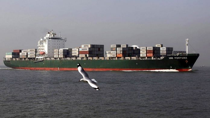 container ship A seagull flies past a cargo container ship off the coast of Mumbai | Representational image | Reuters